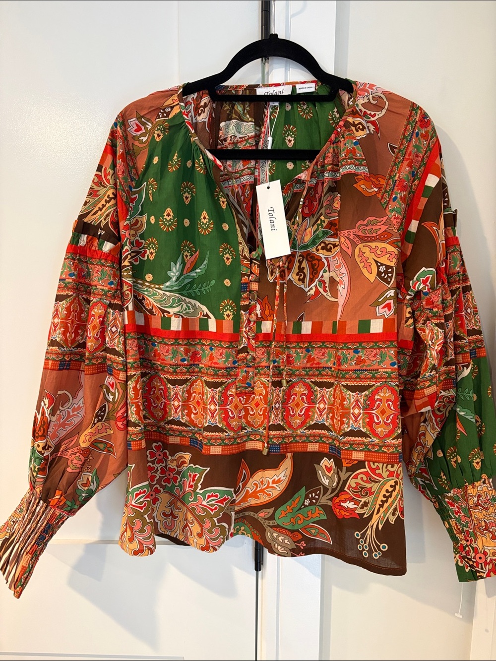 Tolani Woman’s Green & Brown Paisley Print Cotton Peasant Blouse NWT Size Large